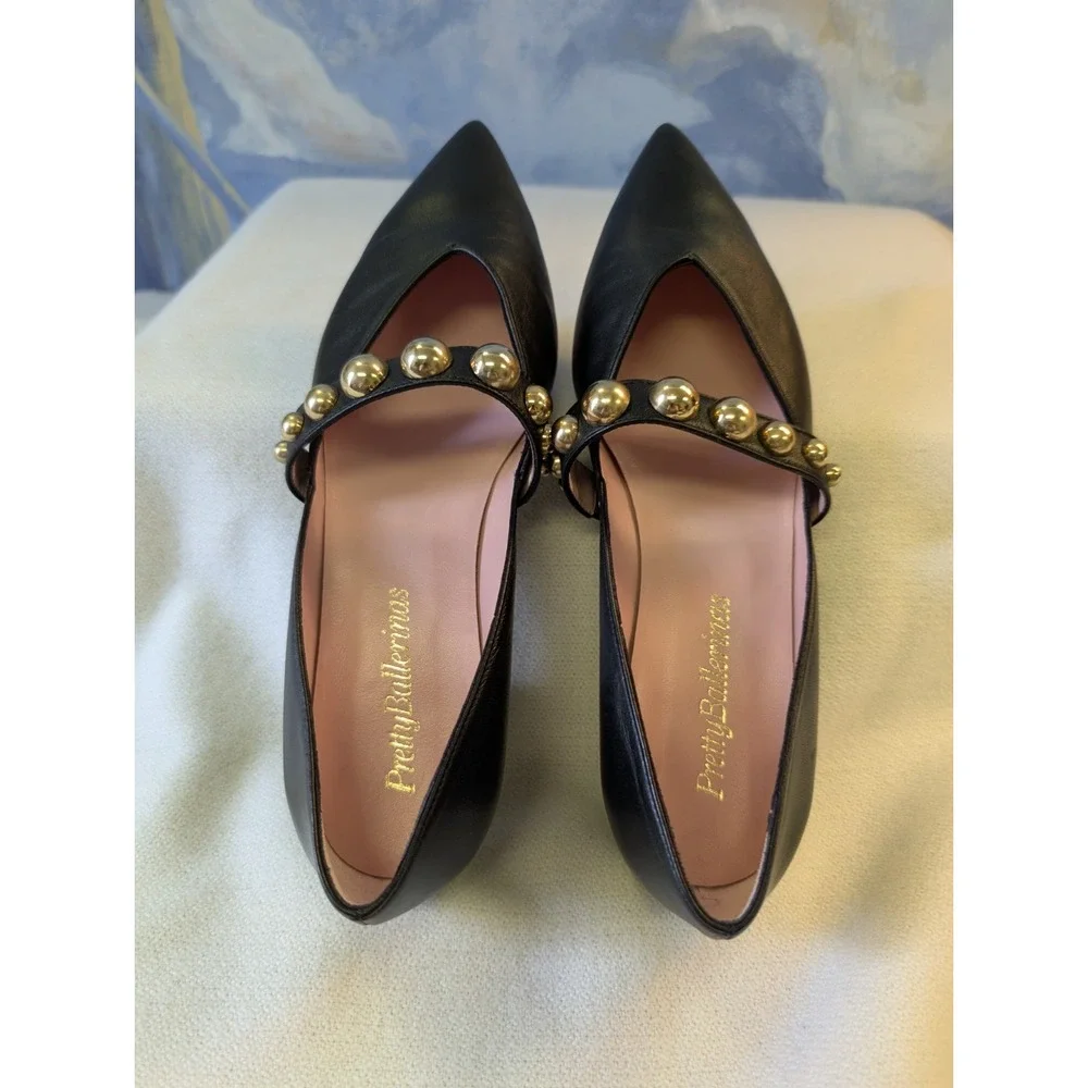 NEW! Pretty Ballerinas 8.5 Matava 50628 Black W/ Gold Embellished Point Toe...